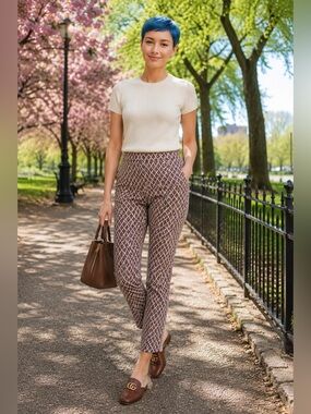 Tory Burch Jacquard Ankle Pants Size 4 Cream Brown Geometric Print